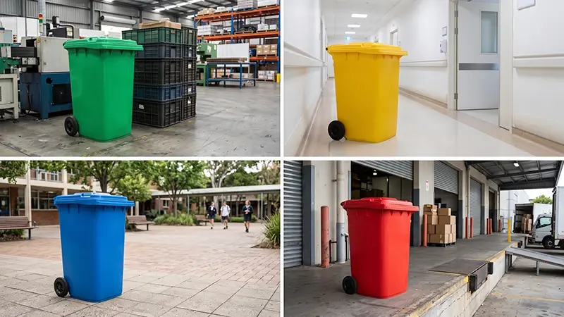 240L plastic dustbins in a factory, hospital corridor, school courtyard and warehouse loading dock by Cherry Plastics