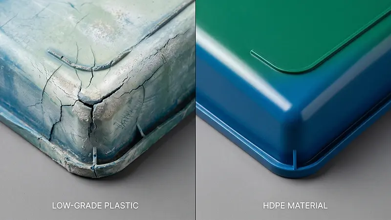 Cracked low-grade plastic compared with smooth HDPE material in a 240L dustbin corner by Cherry Plastics