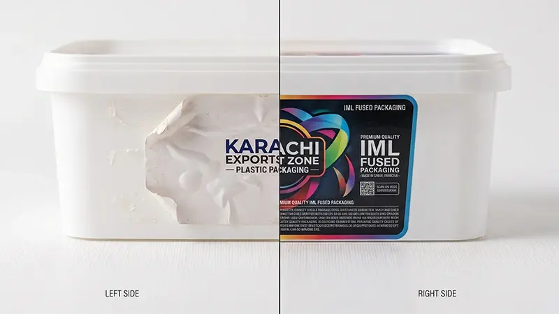 IML vs sticker labels and shrink sleeves comparison showing durability difference in Pakistani warehouse conditions by Cherry Plastics