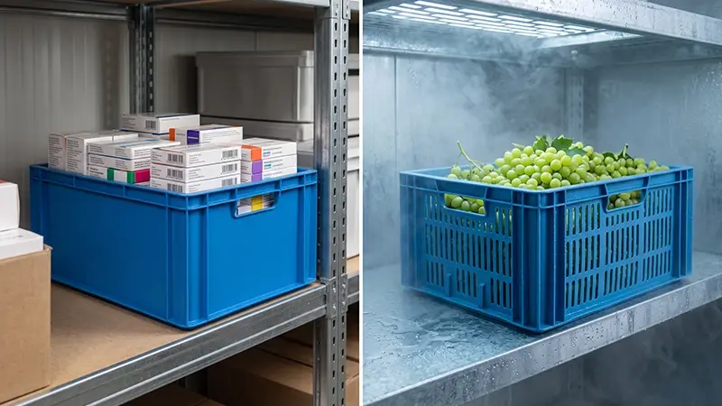 Plain vs perforated plastic crate comparison showing closed-wall and ventilated crate designs by Cherry Plastics